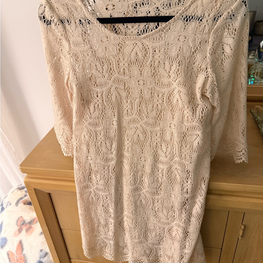 Lace Overlay Boatneck Top in Cream